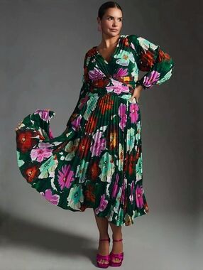 By Anthropologie Pleated V-Neck Dress green pink floral midi women plus size 20W